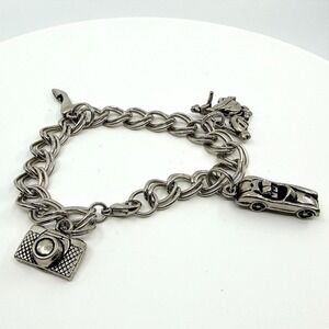 Vintage Silver Tone Multi Charm Bracelet Camera Shoe Car Dancing Couple Retro‎